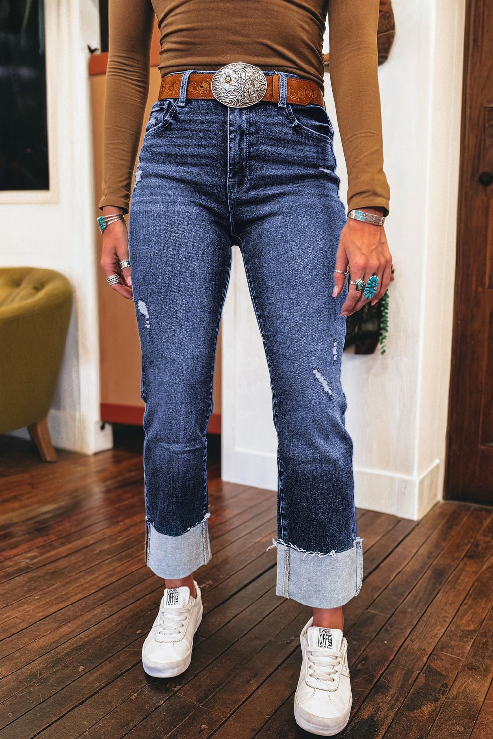 Cuffed Distressed Straight High Waist Jeans