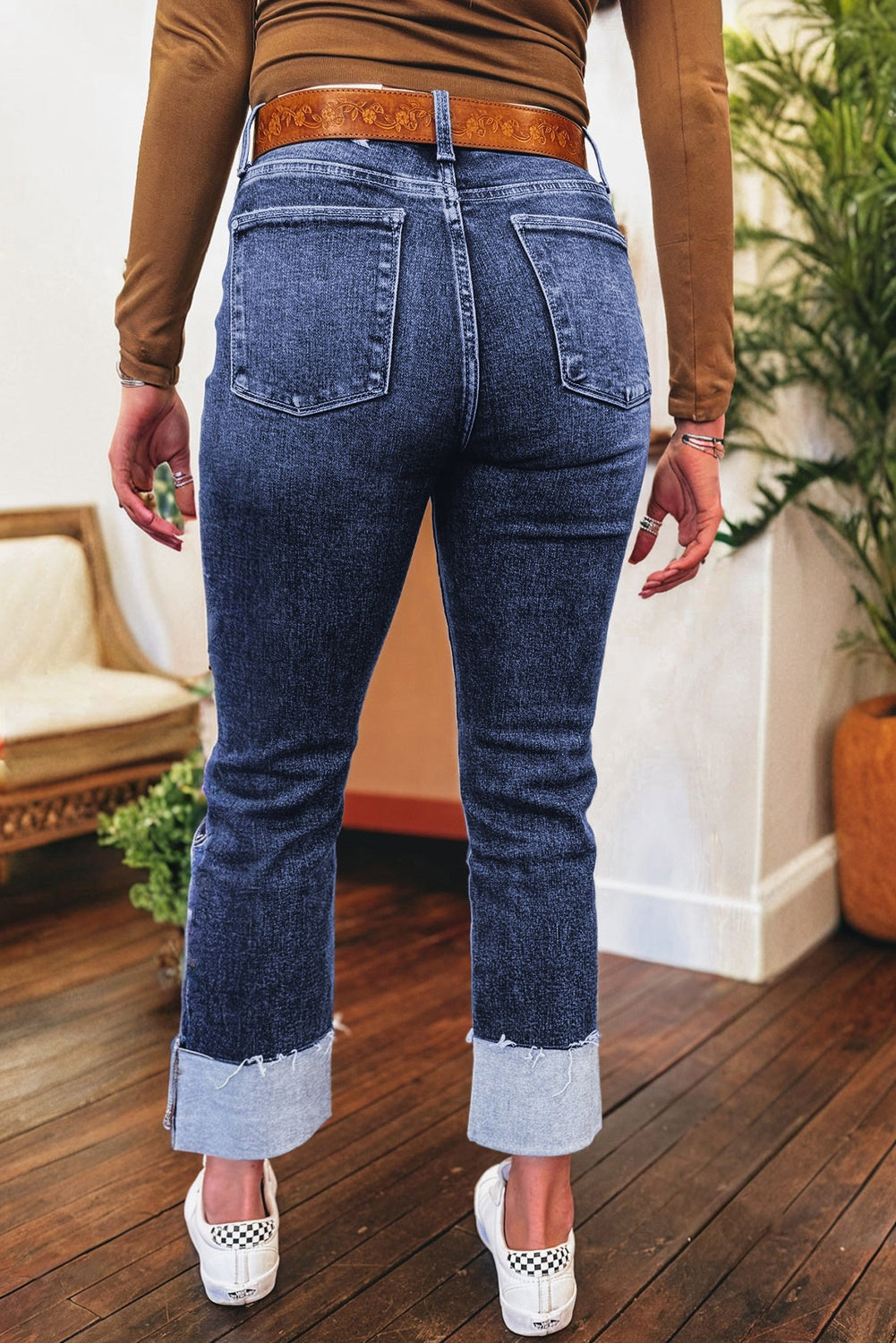 Cuffed Distressed Straight High Waist Jeans